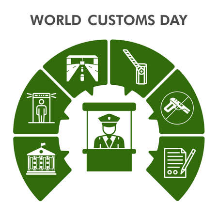 Modern customs Infographic design template. Security check inphographic visualization with seven steps semicircle design on green background. Border control template for presentation.のイラスト素材