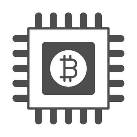 Bitcoin emblem on circuit microchip solid icon, cryptocurrency concept, BTC processor vector sign on white background, glyph style icon for mobile concept and web design. Vector graphics.のイラスト素材