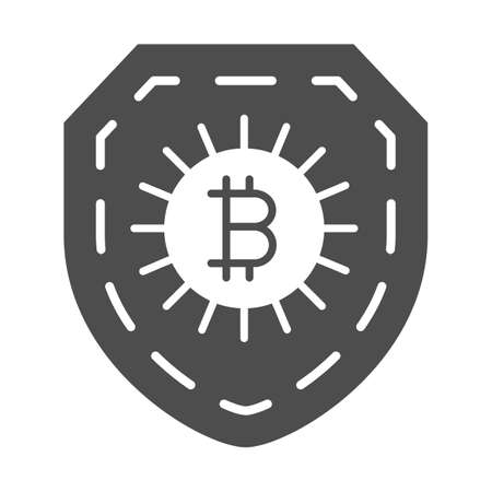 Bitcoin sign on shield, secured solid icon, cryptocurrency concept, protected BTC vector sign on white background, glyph style icon for mobile concept and web design. Vector graphics.のイラスト素材
