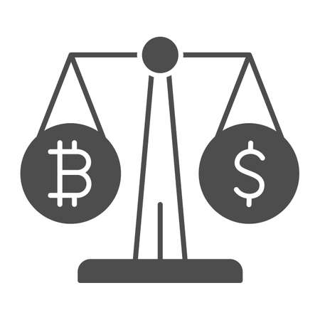 Equivalent bitcoin and dollar on scales solid icon, cryptocurrency concept, BTC USD vector sign on white background, glyph style icon for mobile concept and web design. Vector graphics.のイラスト素材