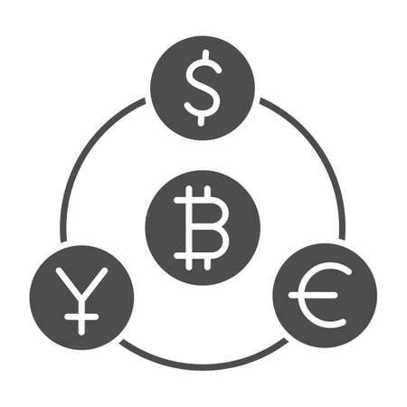 Bitcoin as center of currencies, dollar, euro solid icon, cryptocurrency concept, BTC vector sign on white background, glyph style icon for mobile concept and web design. Vector graphics.のイラスト素材