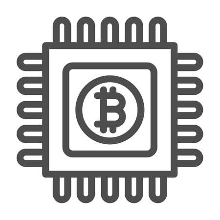 Bitcoin emblem on circuit microchip line icon, cryptocurrency concept, BTC processor vector sign on white background, outline style icon for mobile concept and web design. Vector graphics.のイラスト素材