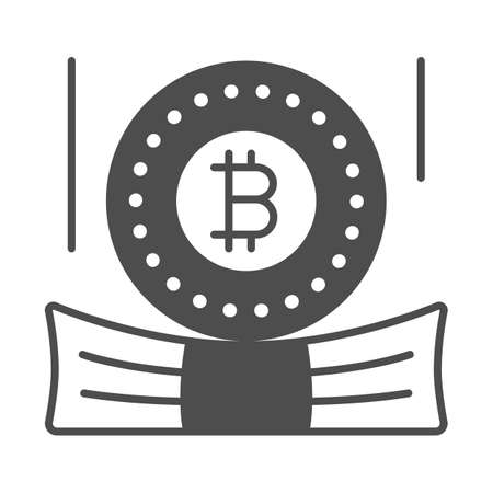 Bitcoin coin on cash money solid icon, cryptocurrency concept, BTC surpasses cash vector sign on white background, glyph style icon for mobile concept and web design. Vector graphics.のイラスト素材