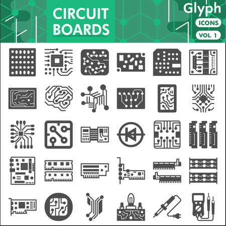 Printed circuit board line icon set, micro chip symbols collection or sketches. PCB glyph with headline linear style signs for web and app. Vector graphics isolated on white background.のイラスト素材