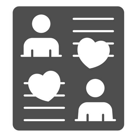 Dating questionnaire with hearts solid icon, love and relationship concept, date form vector sign on white background, glyph style icon for mobile concept and web design. Vector graphics.のイラスト素材