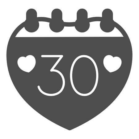Calendar with number 30 and two hearts solid icon, anniversary concept, day thirty vector sign on white background, glyph style icon for mobile concept and web design. Vector graphics.のイラスト素材