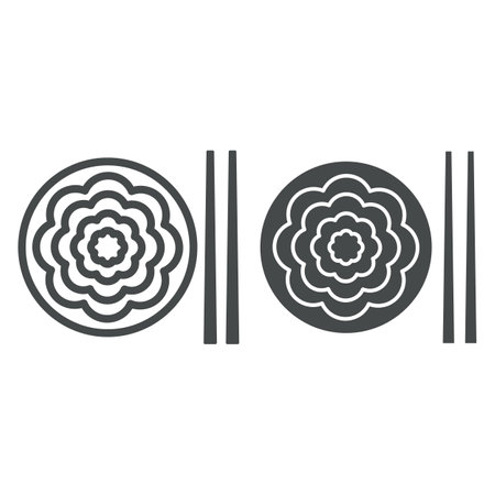 Fried Yakisoba Noodles line and solid icon, asian food concept, chinese noodle stir fry dish vector sign on white background, outline style icon for mobile concept and web design. Vector graphics.のイラスト素材