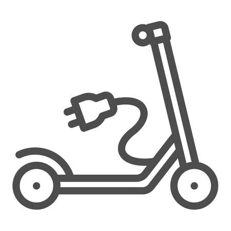 Electric scooter with recharging plug line icon, electric transport concept, charger vector sign on white background, outline style icon for mobile concept and web design. Vector graphics.のイラスト素材