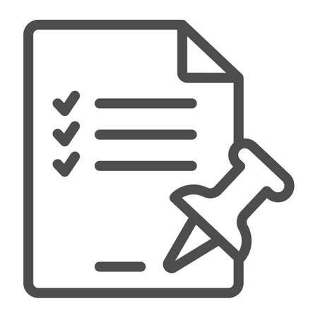 Paper sheet, page with ticks and push pin line icon, documents concept, checklist vector sign on white background, outline style icon for mobile concept and web design. Vector graphics.のイラスト素材