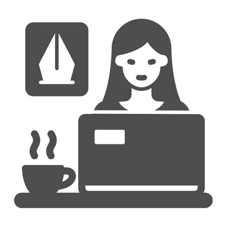 Woman designer working on laptot and cup of coffee solid icon, work concept, architect vector sign on white background, glyph style icon for mobile concept and web design. Vector graphics.のイラスト素材
