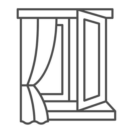 Opened window and curtain thin line icon, interior design concept, window drape half open vector sign on white background, outline style icon for mobile concept and web design. Vector graphics.のイラスト素材