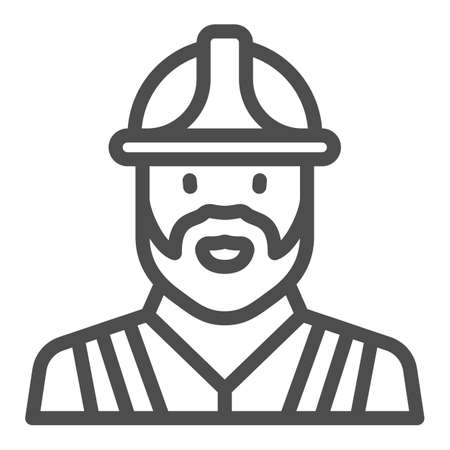 Builder with beard in helmet line icon, profession concept, constructor man worker vector sign on white background, outline style icon for mobile concept and web design. Vector graphics.のイラスト素材