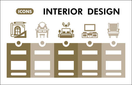 Modern interior design Infographic design template. Home deco inphographic visualization with five steps rectangle design on olive background. Architecture template for presentation. Infographic.のイラスト素材