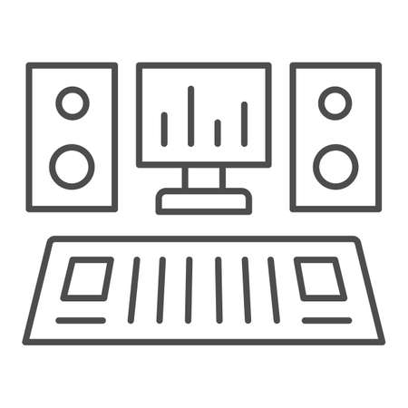 Recording studio console with monitor and speakers thin line icon, music concept, sound vector sign on white background, outline style icon for mobile concept and web design. Vector graphics.のイラスト素材