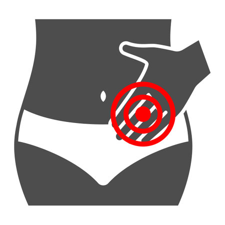 Female period pain solid icon, body pain concept, menstrual ache vector sign on white background, glyph style icon for mobile concept and web design. Vector graphics.のイラスト素材