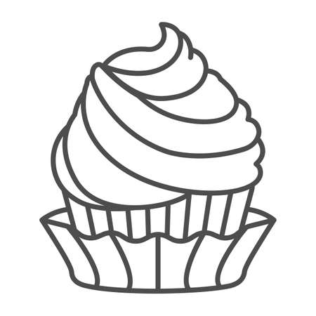Cupcake with cream frosting, two flavors thin line icon, pastry concept, fluffy muffin vector sign on white background, outline style icon for mobile concept and web design. Vector graphics.のイラスト素材