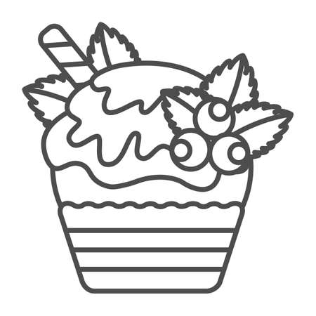 Christmas cupcake with frosting and holly berry thin line icon, pastry concept, muffin vector sign on white background, outline style icon for mobile concept and web design. Vector graphics.のイラスト素材