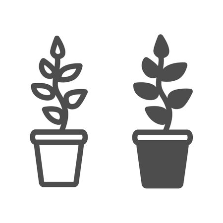 Plant with leaves, seedlings in pot line and solid icon, gardening concept, growing plant vector sign on white background, outline style icon for mobile concept and web design. Vector graphics.のイラスト素材
