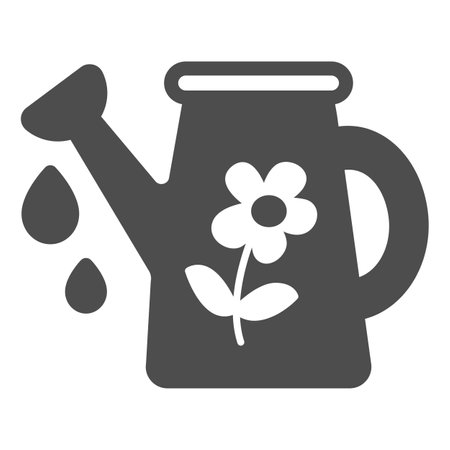 Watering can with flower and water drops solid icon, gardening concept, watering pot vector sign on white background, glyph style icon for mobile concept and web design. Vector graphics.のイラスト素材