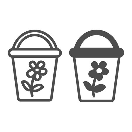 Bucket with flower for gardening line and solid icon, gardening concept, kids toy bucket vector sign on white background, outline style icon for mobile concept and web design. Vector graphics.のイラスト素材