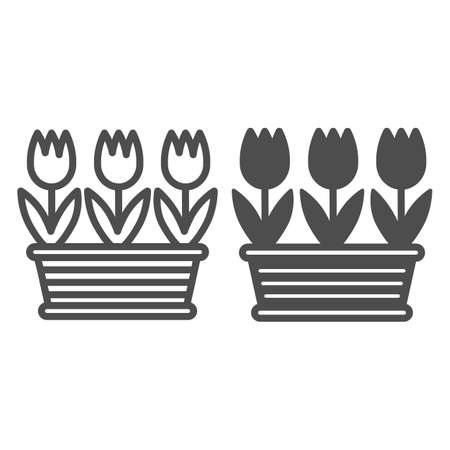 Pot of tulips line and solid icon, gardening concept, three tulips in flowerpot vector sign on white background, outline style icon for mobile concept and web design. Vector graphics.のイラスト素材