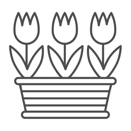 Pot of tulips thin line icon, gardening concept, three tulips in flowerpot vector sign on white background, outline style icon for mobile concept and web design. Vector graphics.のイラスト素材