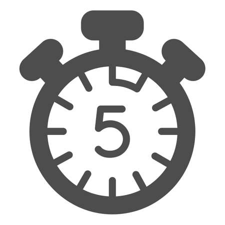 Stopwatch with buttons, 5 seconds, timer, chronometer solid icon, time concept, clock vector sign on white background, glyph style icon for mobile concept and web design. Vector graphics.のイラスト素材