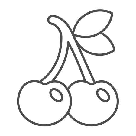 Two cherries with leaves, slot machine thin line icon, gambling concept, fruit machine vector sign on white background, outline style icon for mobile concept and web design. Vector graphics.のイラスト素材