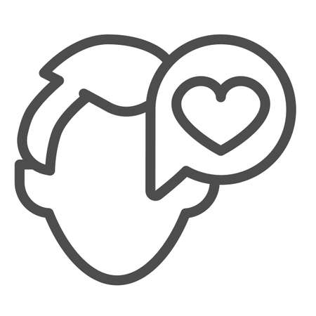 Guy, dialogue pop up window with heart, head, haircut line icon, date concept, talk vector sign on white background, outline style icon for mobile concept and web design. Vector graphics.のイラスト素材