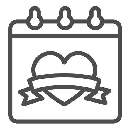 Calendar sheet with heart and holiday ribbon line icon, dating concept, love calendar vector sign on white background, outline style icon for mobile concept and web design. Vector graphics.のイラスト素材