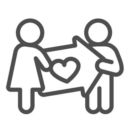 Woman with man and a pointer with heart line icon, dating concept, love relationship vector sign on white background, outline style icon for mobile concept and web design. Vector graphics.のイラスト素材