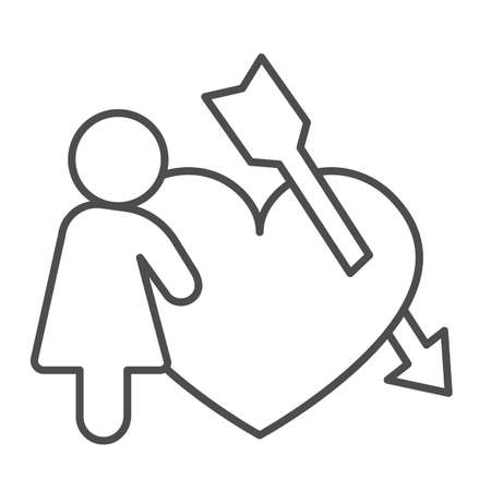 Arrow pierced heart and woman in dress thin line icon, love story concept, girl hold heart vector sign on white background, outline style icon for mobile concept and web design. Vector graphics.のイラスト素材