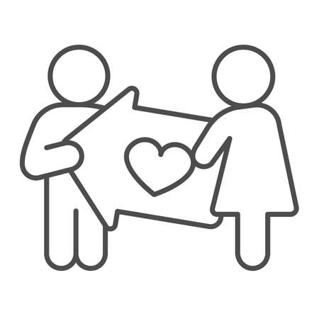 Woman with man and a pointer with heart thin line icon, dating concept, love relationship vector sign on white background, outline style icon for mobile concept and web design. Vector graphics.のイラスト素材