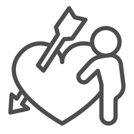 Arrow pierced heart and guy line icon, love story concept, arrow pierce man heart vector sign on white background, outline style icon for mobile concept and web design. Vector graphics.のイラスト素材