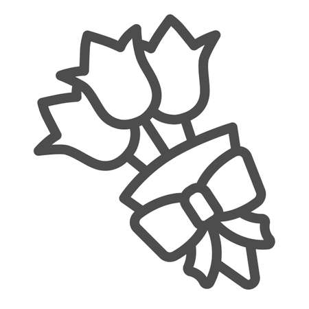 Bouquet of flowers with bow line icon, date and romance concept, blossom vector sign on white background, outline style icon for mobile concept and web design. Vector graphics.のイラスト素材