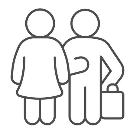 Man with luggage and woman thin line icon, dating and partnership concept, moving, travel vector sign on white background, outline style icon for mobile concept and web design. Vector graphics.のイラスト素材