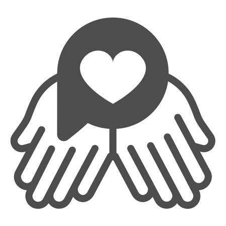 Two hands and dialogue with heart, love stories solid icon, dating concept, romantic vector sign on white background, glyph style icon for mobile concept and web design. Vector graphics.のイラスト素材