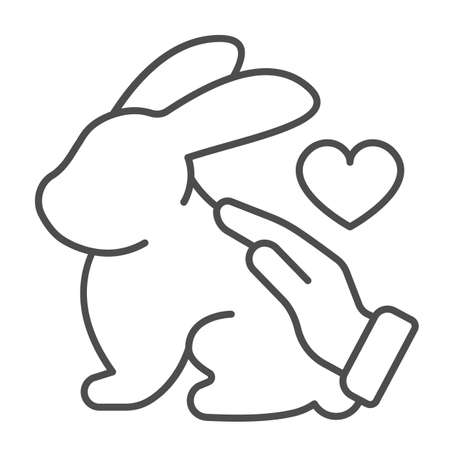 Hand stroking rabbit and heart, animals care thin line icon, pets care concept, love bunny vector sign on white background, outline style icon for mobile concept and web design. Vector graphics.のイラスト素材