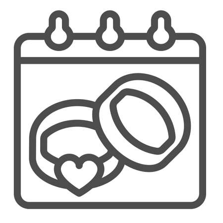 Calendar sheet with two wedding rings and heart line icon, marriage concept, wedlock vector sign on white background, outline style icon for mobile concept and web design. Vector graphics.のイラスト素材