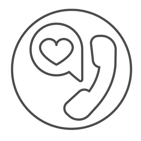 Telephone receiver and dialogue with heart in circle thin line icon, dating concept, phone vector sign on white background, outline style icon for mobile concept and web design. Vector graphics.のイラスト素材