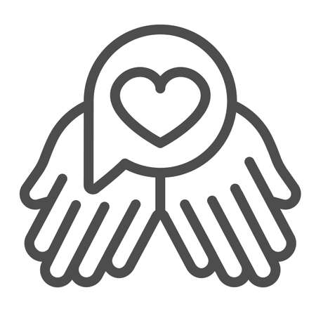 Two hands and dialogue with heart, love stories line icon, dating concept, romantic vector sign on white background, outline style icon for mobile concept and web design. Vector graphics.のイラスト素材