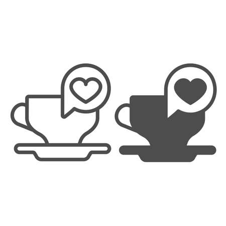 Ceramic cup on saucer and dialogue with heart line and solid icon, love concept, coffee date vector sign on white background, outline style icon for mobile concept and web design. Vector graphics.のイラスト素材