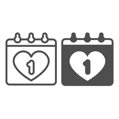 Calendar sheet with heart and first day of the month line and solid icon, love concept, dating vector sign on white background, outline style icon for mobile concept and web design. Vector graphics.のイラスト素材