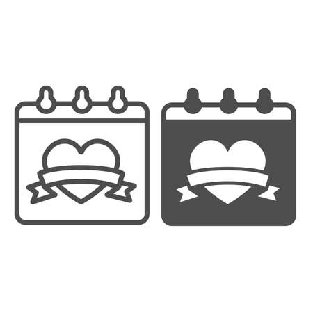 Calendar sheet with heart and holiday ribbon line and solid icon, dating concept, love calendar vector sign on white background, outline style icon for mobile concept and web design. Vector graphics.のイラスト素材