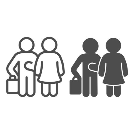 Man with luggage and woman line and solid icon, dating and partnership concept, moving, travel vector sign on white background, outline style icon for mobile concept and web design. Vector graphics.のイラスト素材