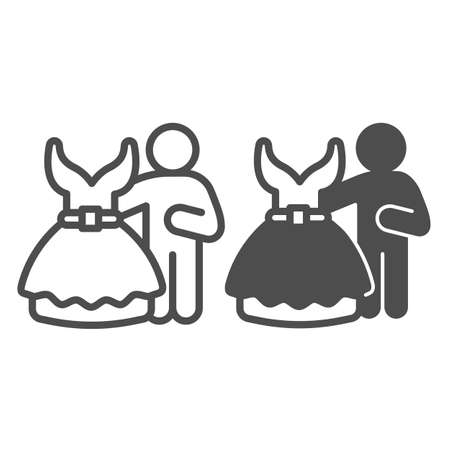 Wedding dress and sewing master, designer seller line and solid icon, marriage concept, dress vector sign on white background, outline style icon for mobile concept and web design. Vector graphics.のイラスト素材