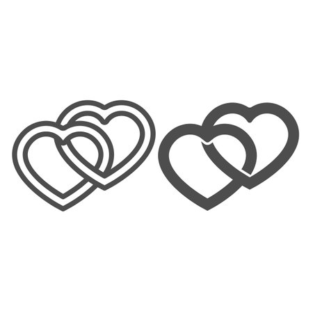 Two intertwined hearts line and solid icon, dating concept, indissoluble love vector sign on white background, outline style icon for mobile concept and web design. Vector graphics.のイラスト素材