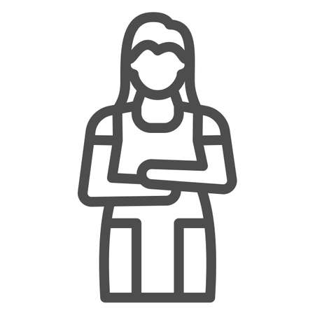 Woman in uniform, dry cleaning worker line icon, cleaning concept, laundry amployee vector sign on white background, outline style icon for mobile concept and web design. Vector graphics.のイラスト素材
