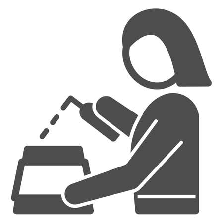 Woman apply cleaning agent solid icon, dry cleaning concept, employee put detergent vector sign on white background, glyph style icon for mobile concept and web design. Vector graphics.のイラスト素材