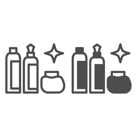 Bottles and shining star line and solid icon, dry cleaning concept, washing agents vector sign on white background, outline style icon for mobile concept and web design. Vector graphics.のイラスト素材